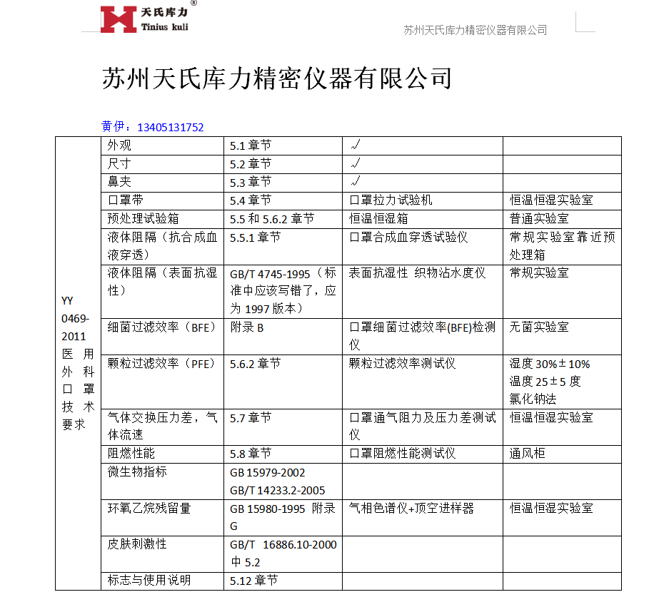 YY0469-2011口罩檢測標準對應設(shè)備
